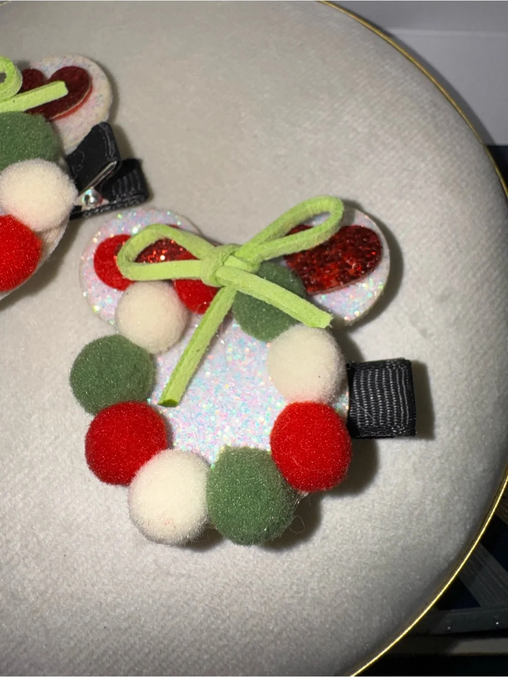 Kids Heart Pom-Pom Hair Clips - Red, Green & White